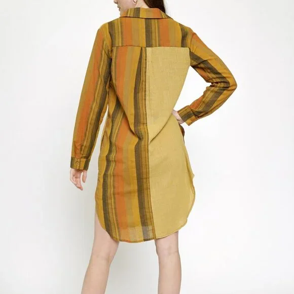 MYSTREE Mustard Rust Striped Button Down Shirt Dress Boho Fall Style - Picture 6 of 7